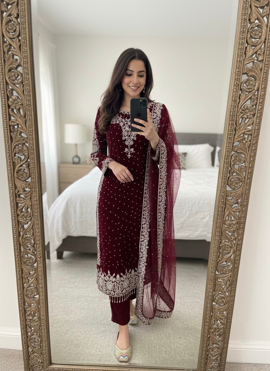 Ethenika Moti Work Designer Ready to Wear Velvet Kurti Pant Dupatta Set