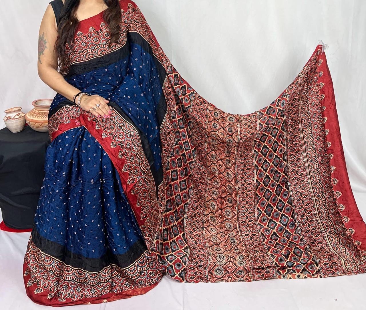 Pure Modal Silk Ajrakh Block Print with Bandhani Work Saree
