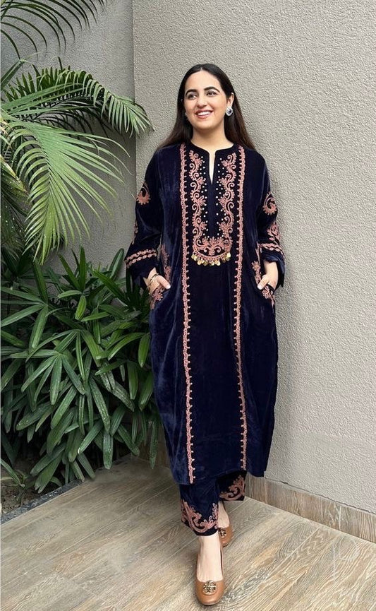 Designer Embroidery work Velvet Kurti Pant Set (Ready to wear) - Premium  from Ethenika.com  - Just INR 2990! Shop now at Ethenika.com 