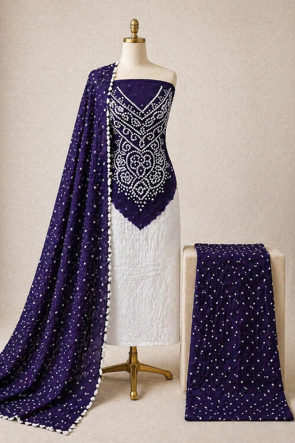 Cotton Satin Kusum Work 3pc Unstitched Bandhani Dress Material