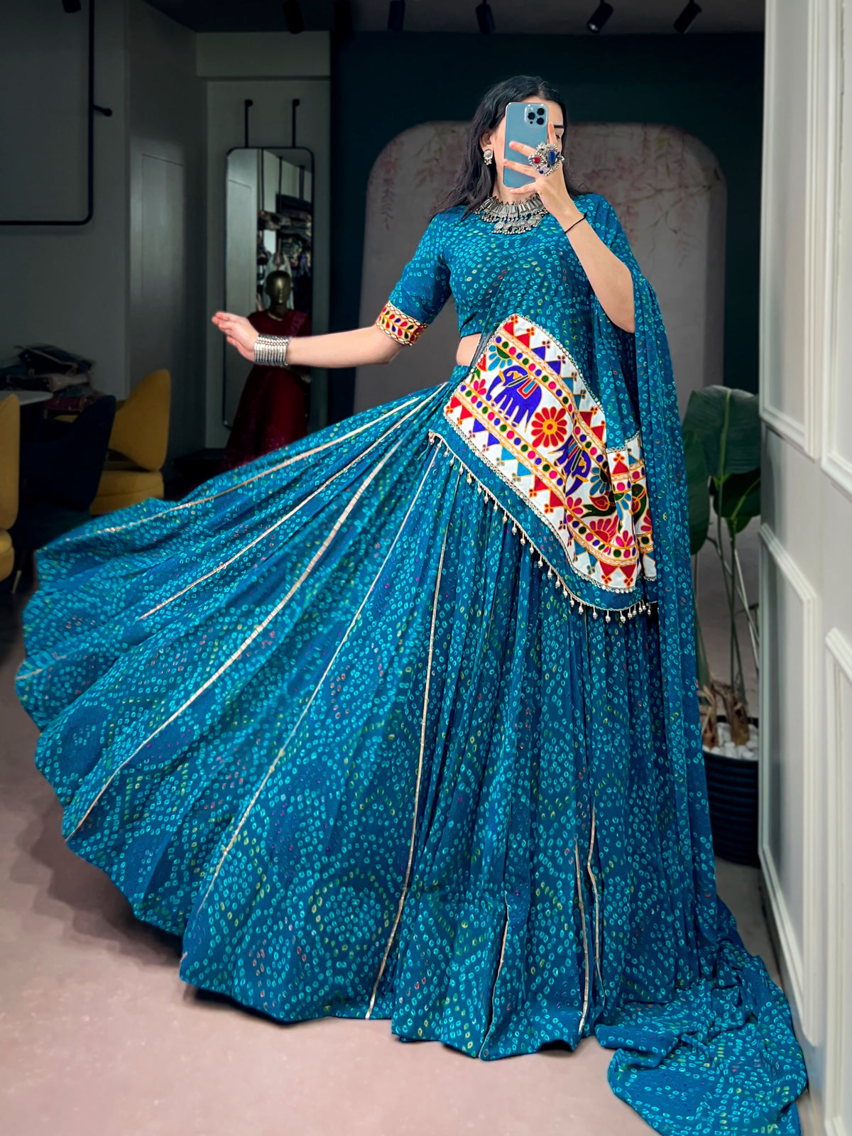 Georgette Gamthi Work Bandhani Chaniya Choli (Ready to Wear)