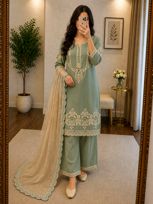 Glass Satin Coding Sequence Work Designer Kurti Pant Dupatta Set