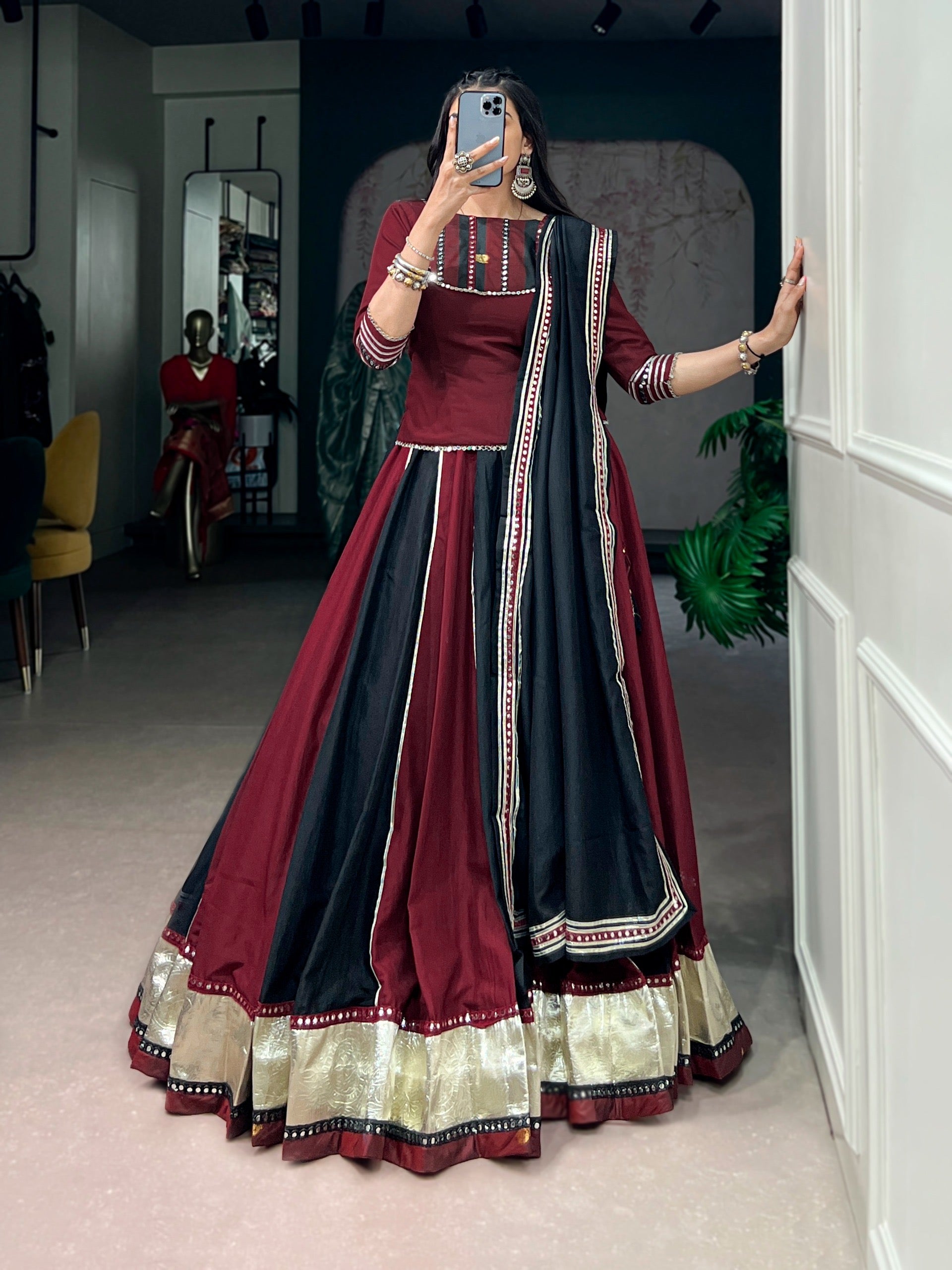 Chinon fabric Chaniya Choli with embossed designer lace and real mirror lace detailing for Garba