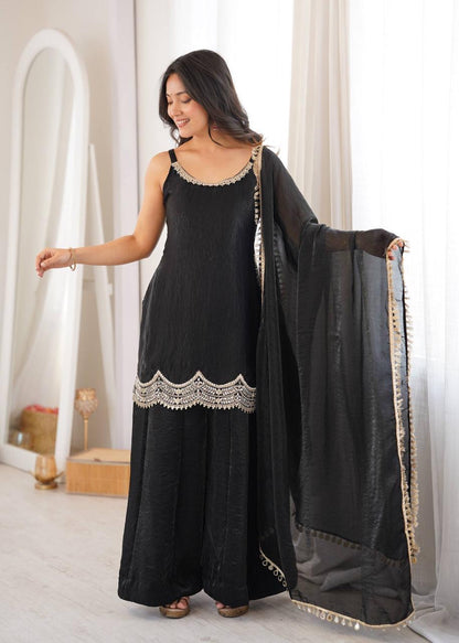 Fendi Silk Sequence Embroidery Work Designer Kurti Dupatta Sharara Set (Ready to Wear)