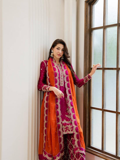 Designer Kurti Palazzo Set | Chinon Silk Zari Embroidery | Ready to Wear