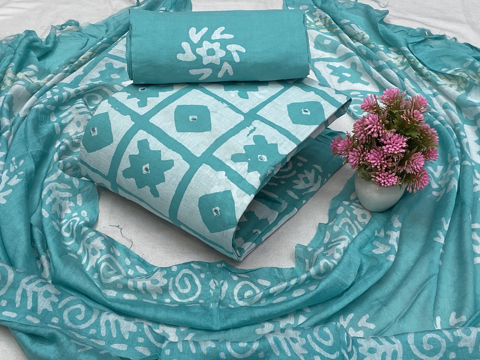 cotton mirror work dress materials Green Cotton Block Printed Ethnic Motifs Dress Material With Mirror Work (Free Size)