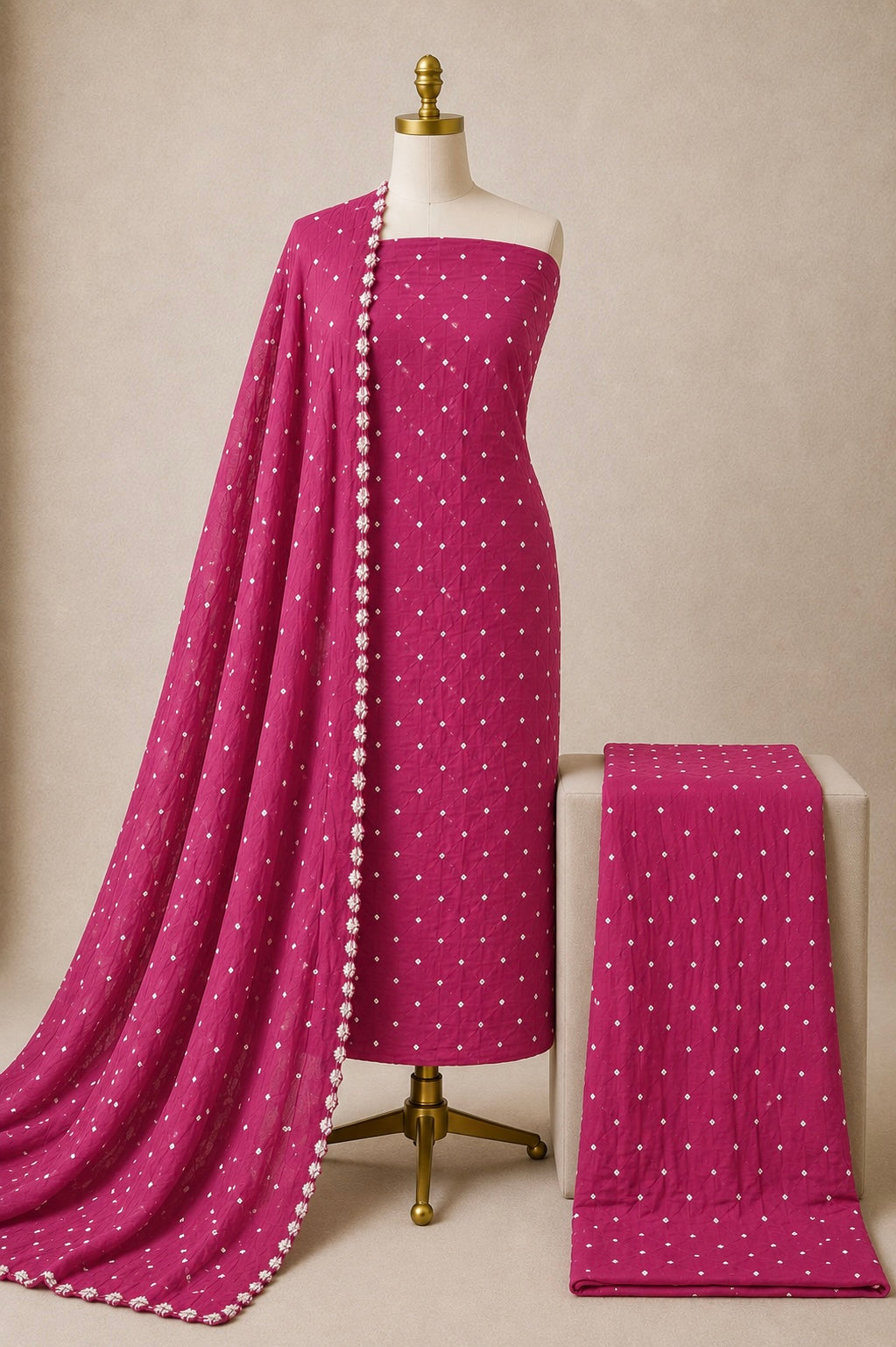 Cotton Satin Self Color Kutch 3Pc Unstitched Bandhani Dress Material