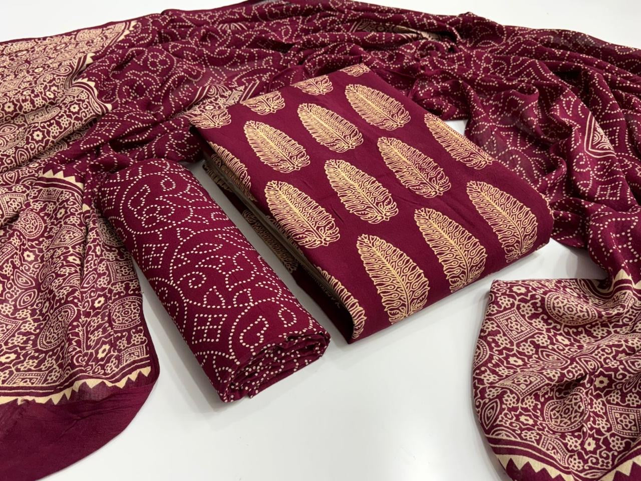 Rayon Ajrakh Original Hand Block Print Dress Material (Unstitched)