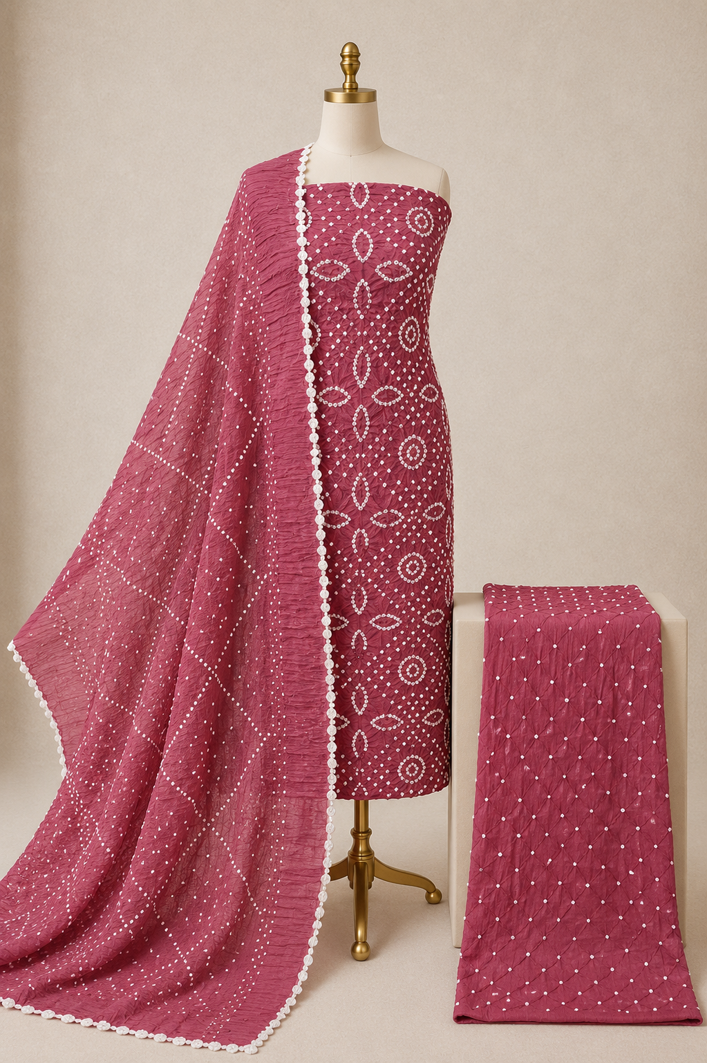 Soft Cotton Satin Self Color 3Pc Unstitched Bandhani Dress Material