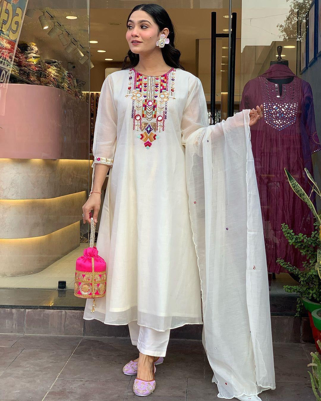 Premium Chanderi Neck Work Summer Special Kurti Pant Dupatta Set (Stitched) - Premium  from Ethenika.com  - Just INR 1990! Shop now at Ethenika.com 