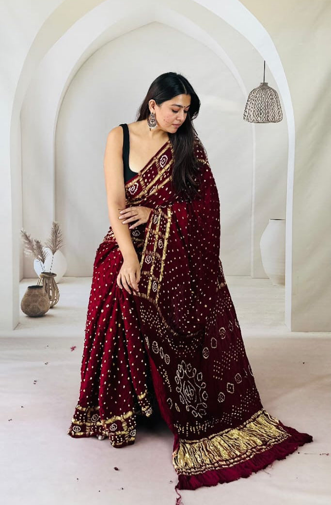 Modal Silk Authentic Kutchi Hand Bandhej Work Chex Border Silk Bandhani Saree