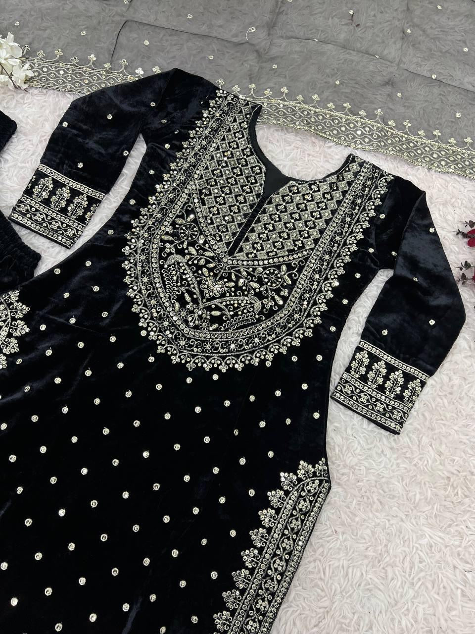 Ethenika Silver Thread Embroidery work Reasdy to wear Velvet Kurti Sharar Set - Premium  from Ethenika.com  - Just INR 4990! Shop now at Ethenika.com 