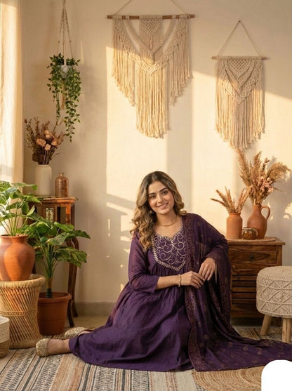 Chanderi Silk Neck Embroidery Work Flair Kurta Pant Dupatta Set (Ready to Wear)