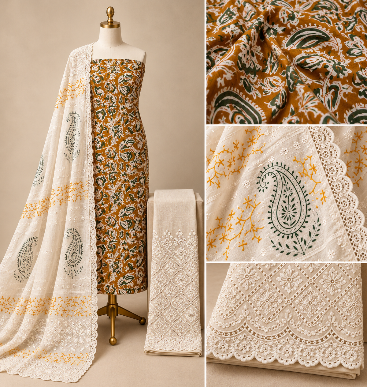 Soft Cotton Hand Block Ajrakh with Chikan Work Unstitched Dress Material