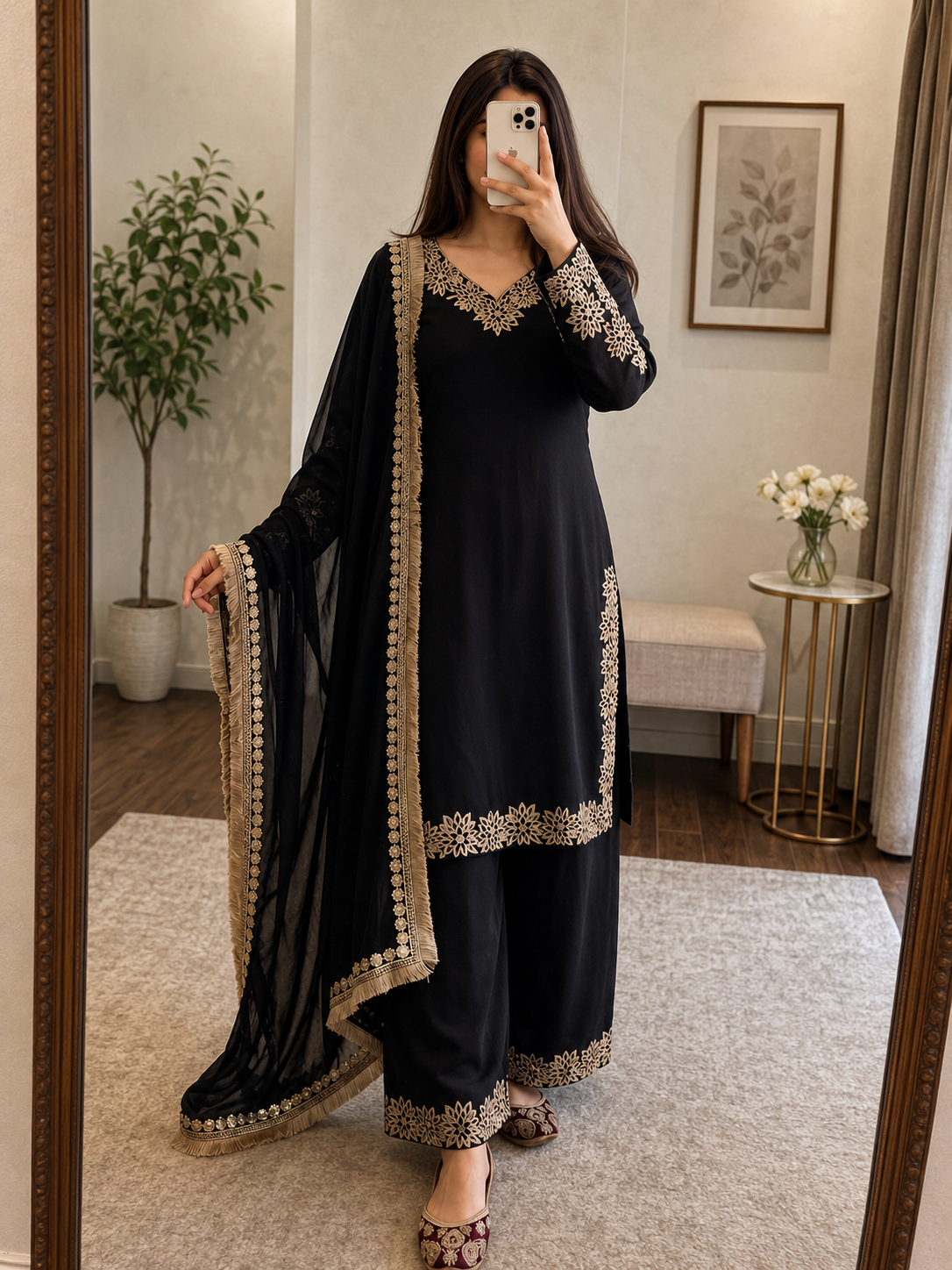 Chinon Silk Embroidery Kurti Palazzo Dupatta | Ready to Wear