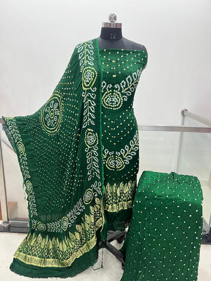 Modal Silk Original Jamnagar Hand Crafted Bandhej Work Bandhani Dress Material (Unstitched)