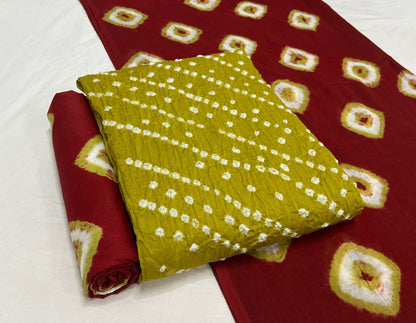 Cotton Satin Barik Bandhej Work Contrast Bandhani Dress Material (Unstitched)