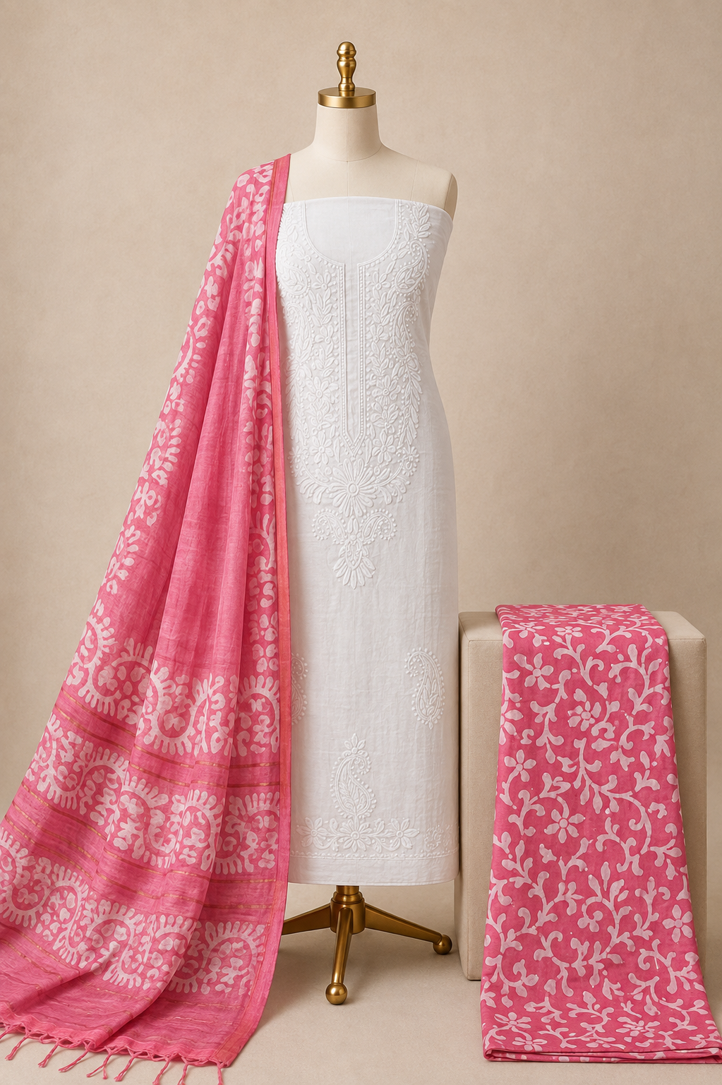Cotton Lakhnavi Work With Handblock Batik Dupatta Salwar 3Pc Batik Dress Material (Unstitched)