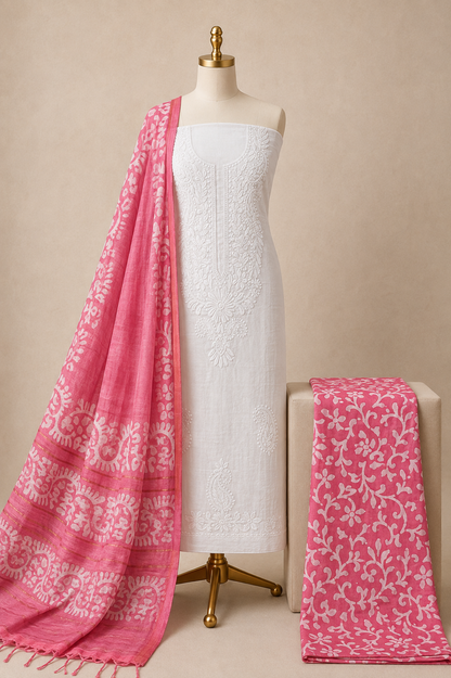 Cotton Lakhnavi Work With Handblock Batik Dupatta Salwar 3Pc Batik Dress Material (Unstitched)
