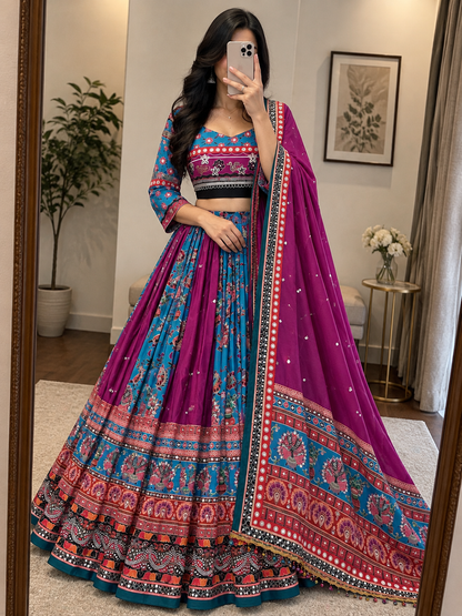 Muslin Digital Print Mirror Work Chaniya Choli - front view