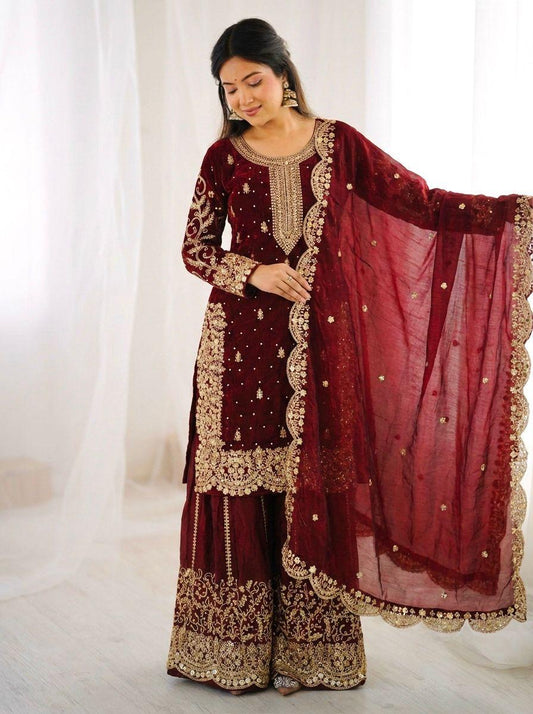 Fendi Silk Embroidery Work Designer Kurti Sharara Dupatta Set