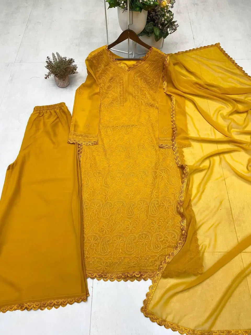 Faux Georgette Chikankari Kurti Palazzo Dupatta Set Ethenika.com