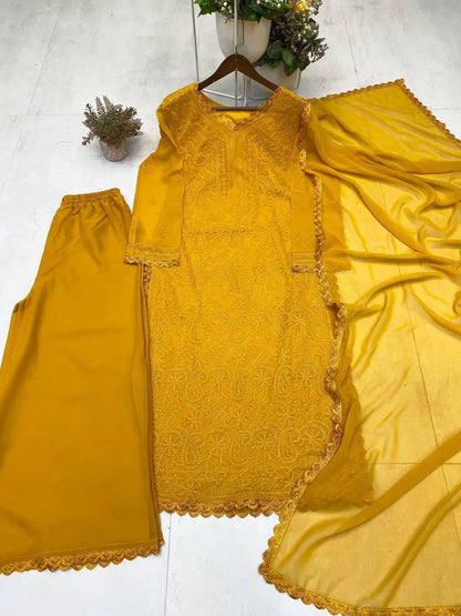Faux Georgette Chikankari Kurti Palazzo Dupatta Set Ethenika.com