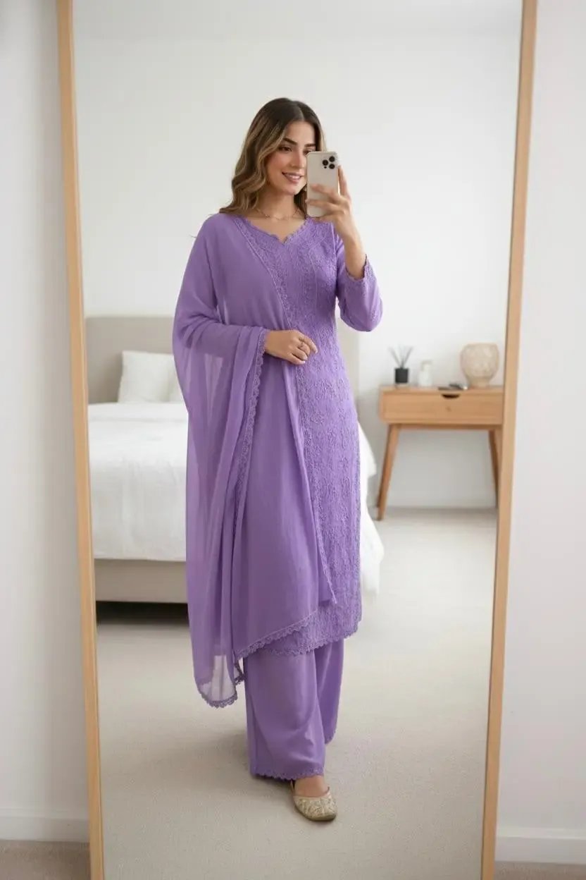 Faux Georgette Chikankari Kurti Palazzo Set Ethenika.com