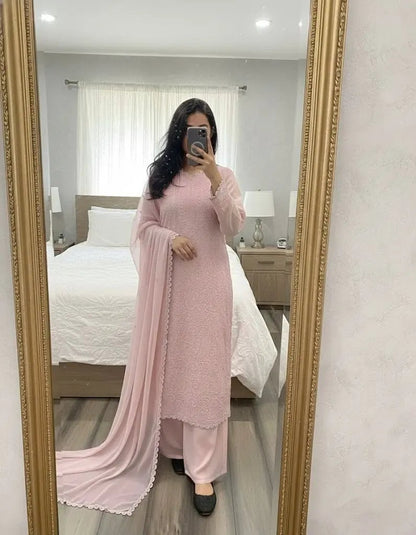 Faux Georgette Chikankari Thread Work Kurti Palazzo Dupatta Set Ethenika.com