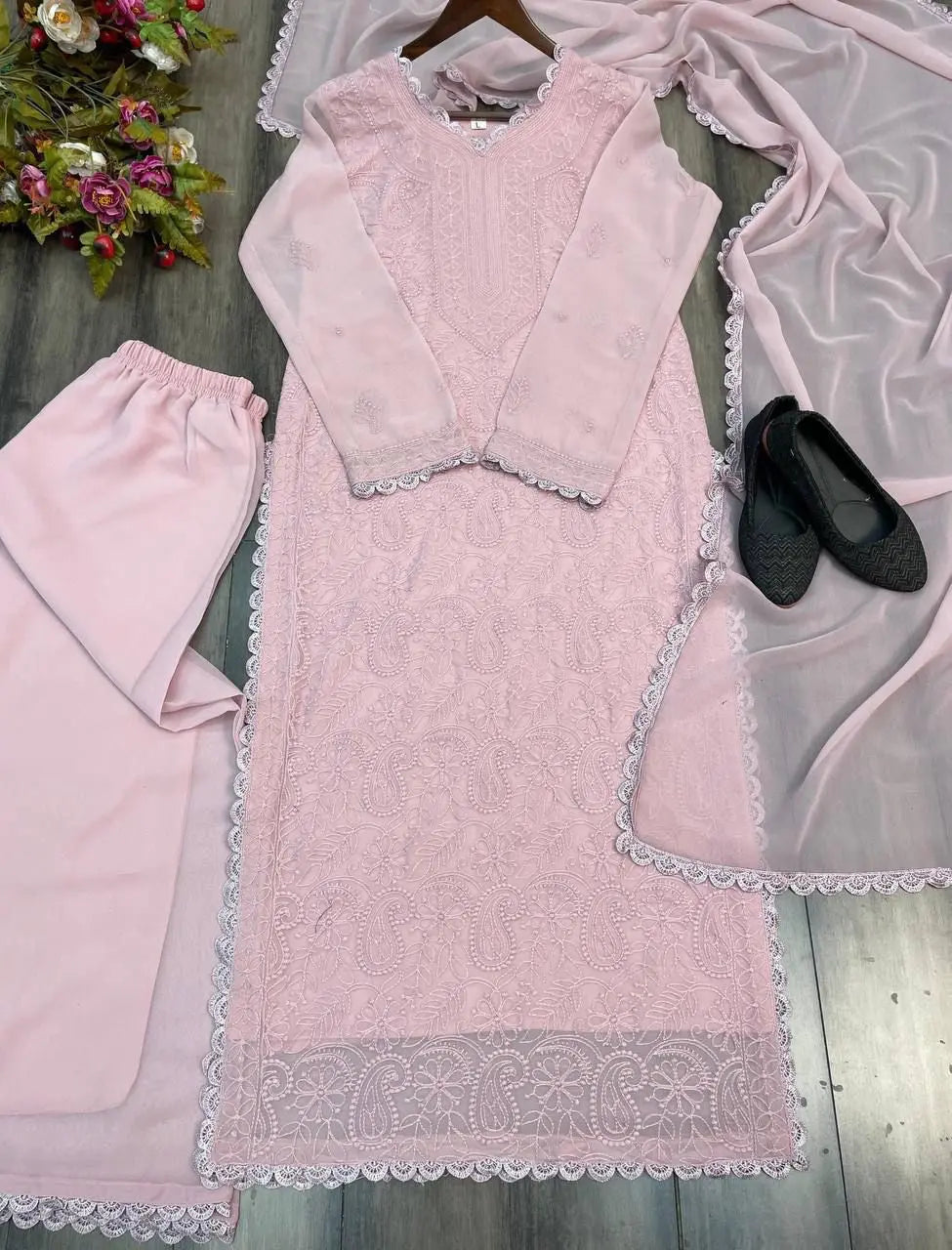 Faux Georgette Chikankari Thread Work Kurti Palazzo Dupatta Set Ethenika.com