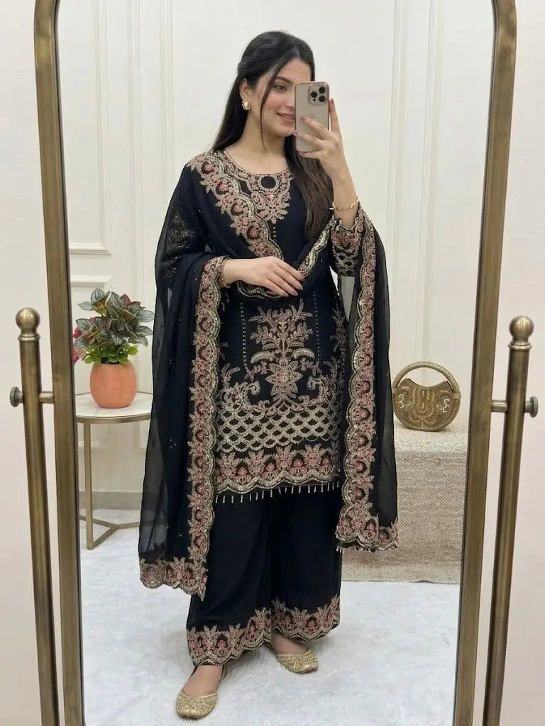 Faux Georgette Designer Embroidery Work Kurti Palazzo Dupatta Set for Eid Ethenika.com