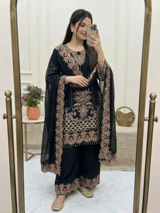 Faux Georgette Designer Embroidery Work Kurti Palazzo Dupatta Set for Eid Ethenika.com