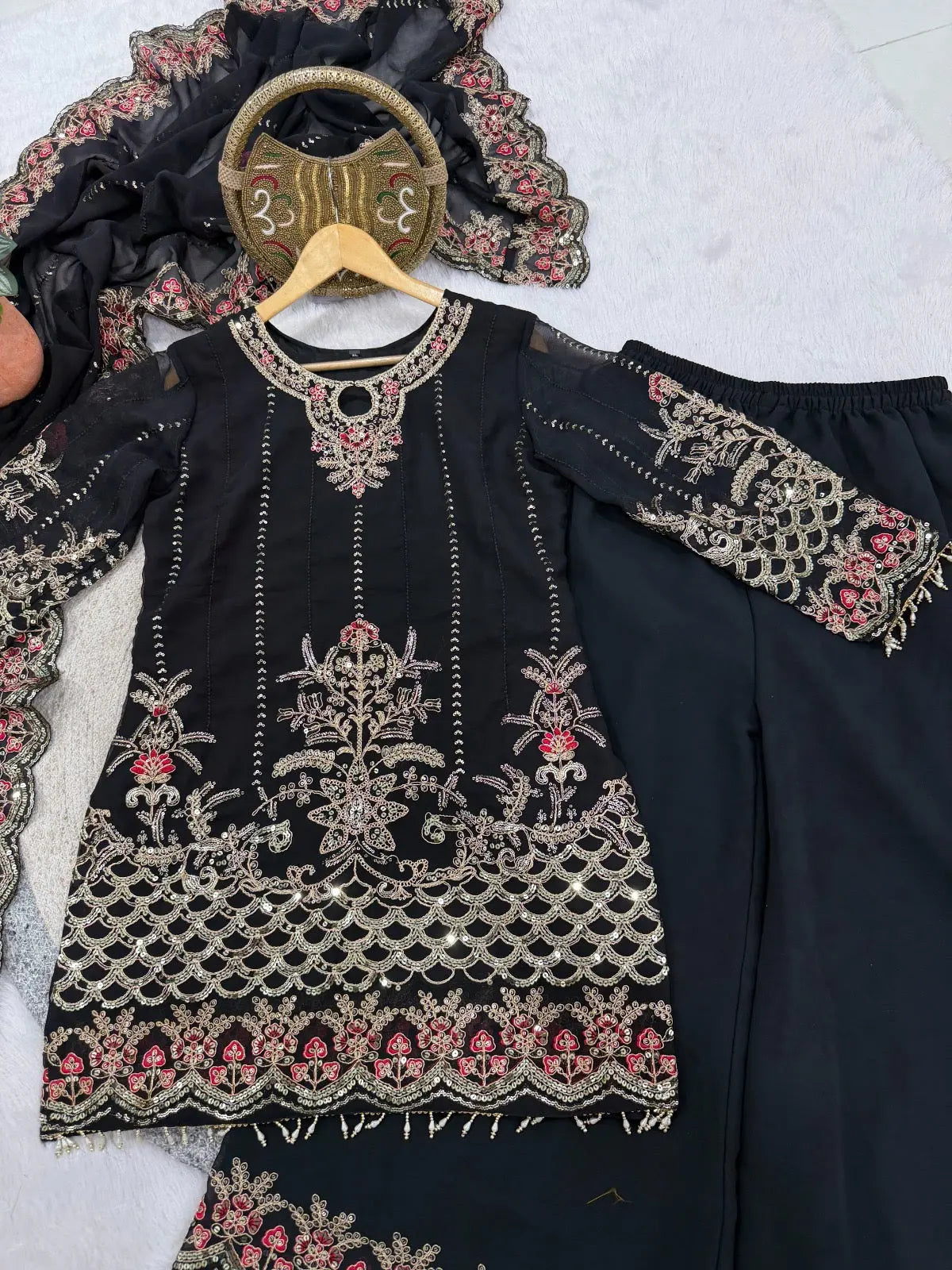 Faux Georgette Designer Embroidery Work Kurti Palazzo Dupatta Set for Eid Ethenika.com