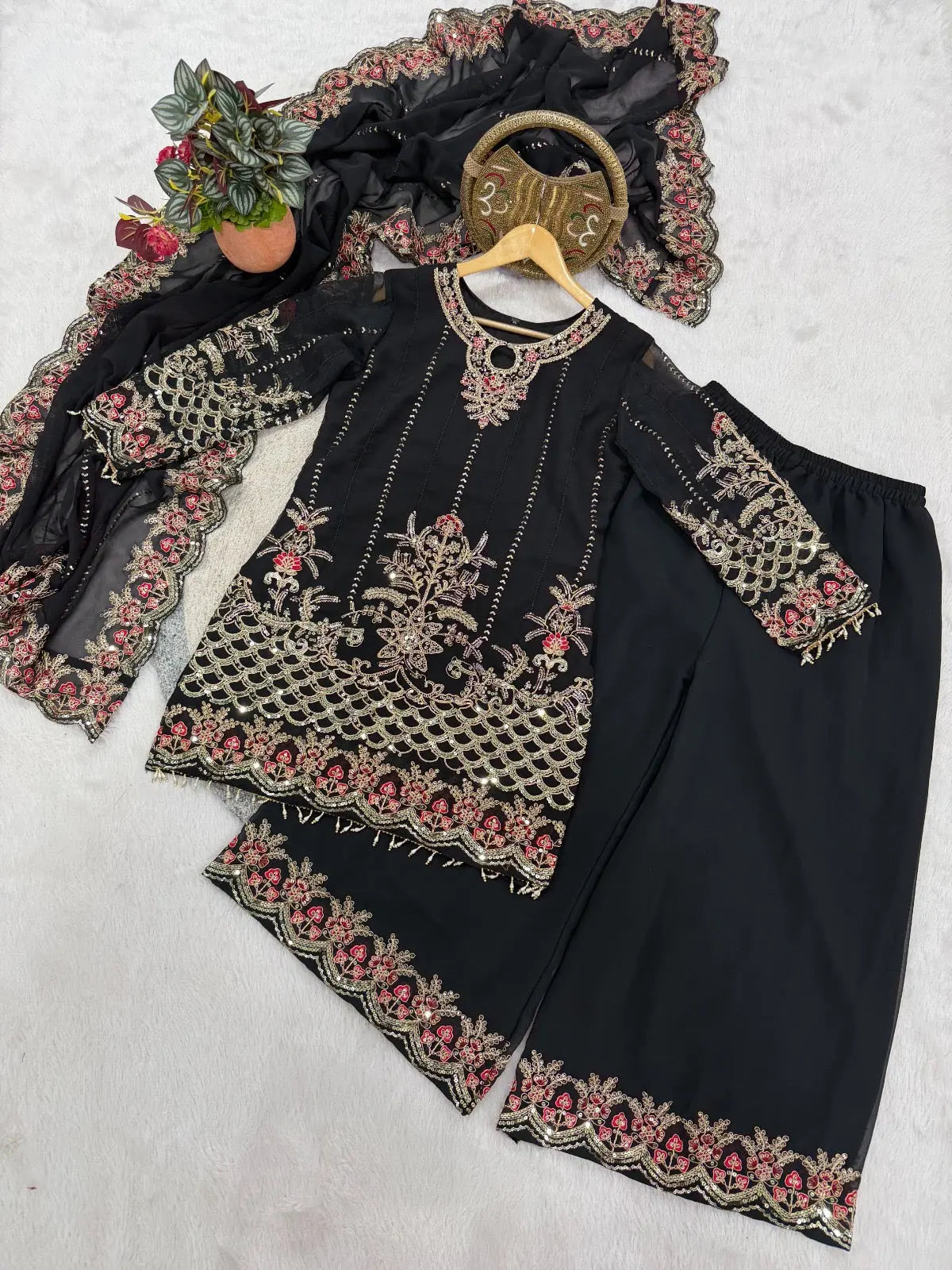 Faux Georgette Designer Embroidery Work Kurti Palazzo Dupatta Set for Eid Ethenika.com