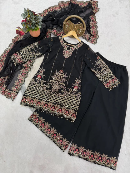 Faux Georgette Designer Embroidery Work Kurti Palazzo Dupatta Set for Eid Ethenika.com