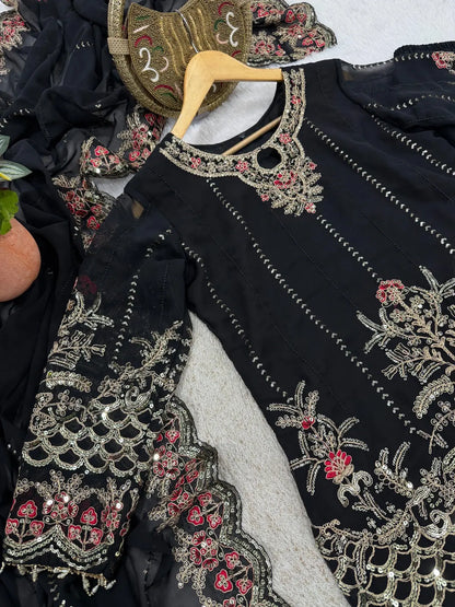 Faux Georgette Designer Embroidery Work Kurti Palazzo Dupatta Set for Eid Ethenika.com