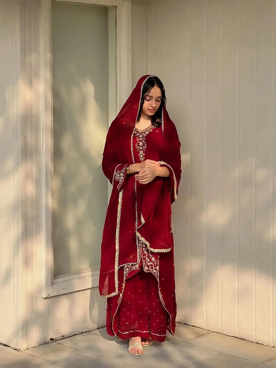Faux Georgette Designer Ready Wear Kurti Pallazo Dupatta Set Ethenika.com