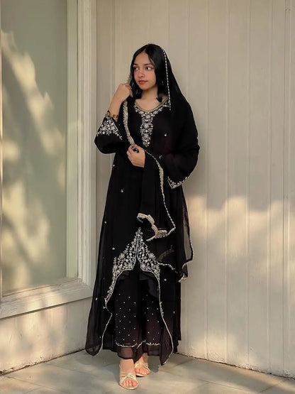 Faux Georgette Designer Ready Wear Kurti Pallazo Dupatta Set Ethenika.com