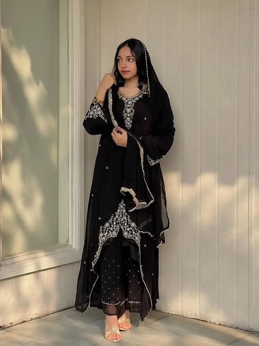 Faux Georgette Designer Ready Wear Kurti Pallazo Dupatta Set Ethenika.com