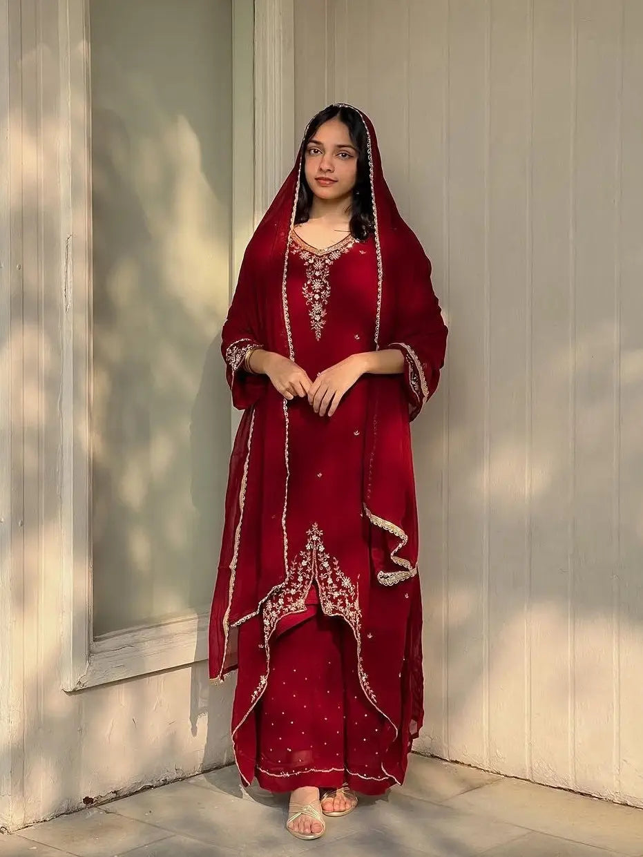 Faux Georgette Designer Ready Wear Kurti Pallazo Dupatta Set Ethenika.com
