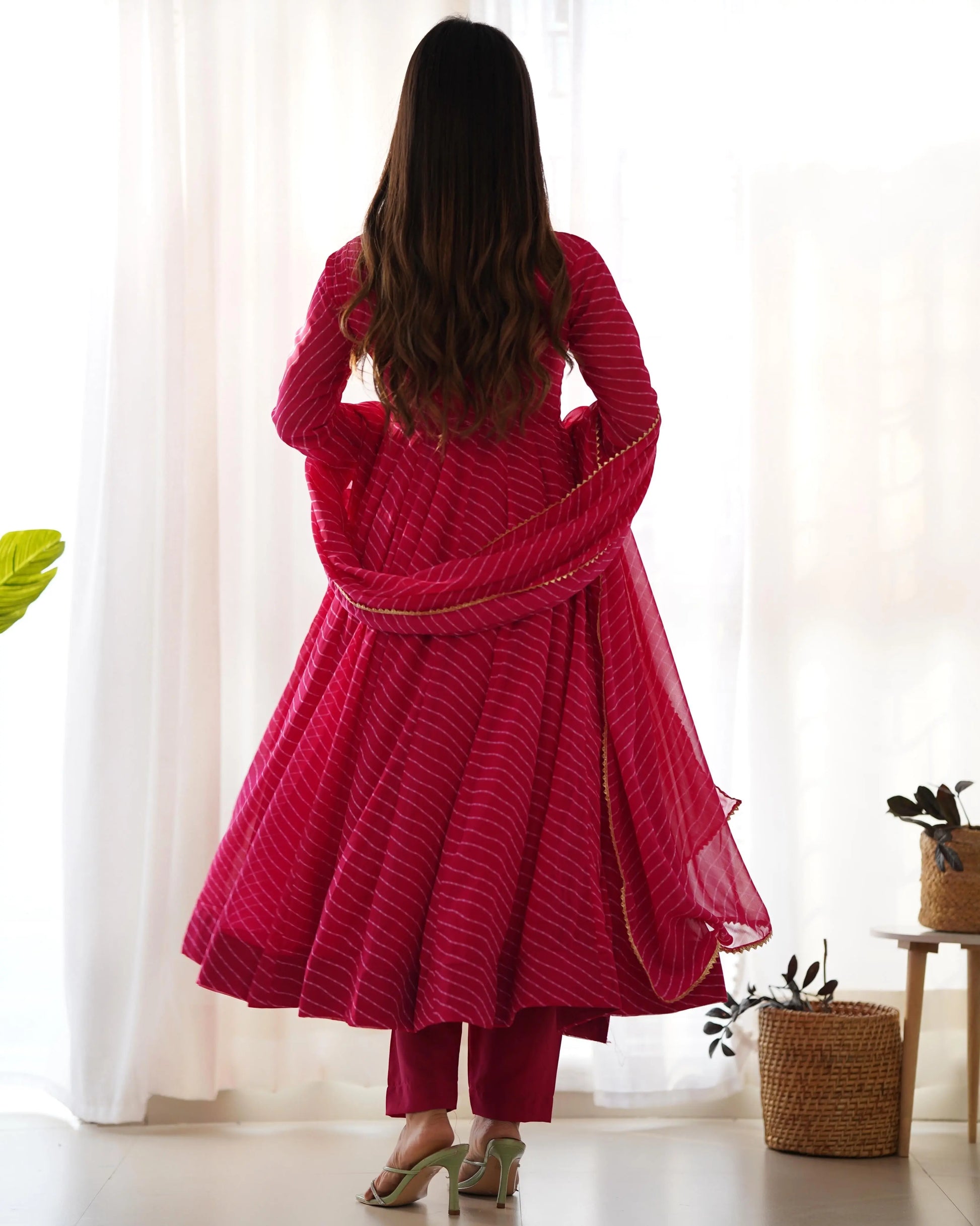 Faux Georgette Leheriya Print Anarkali 4M Flair Kurti Pant Dupatta Set (Ready To Wear) Ethenika.com