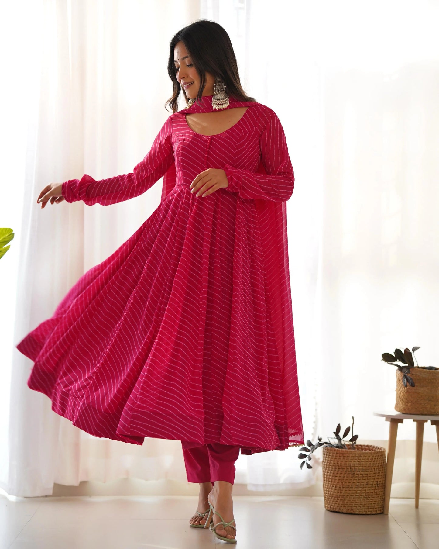 Faux Georgette Leheriya Print Anarkali 4M Flair Kurti Pant Dupatta Set (Ready To Wear) Ethenika.com