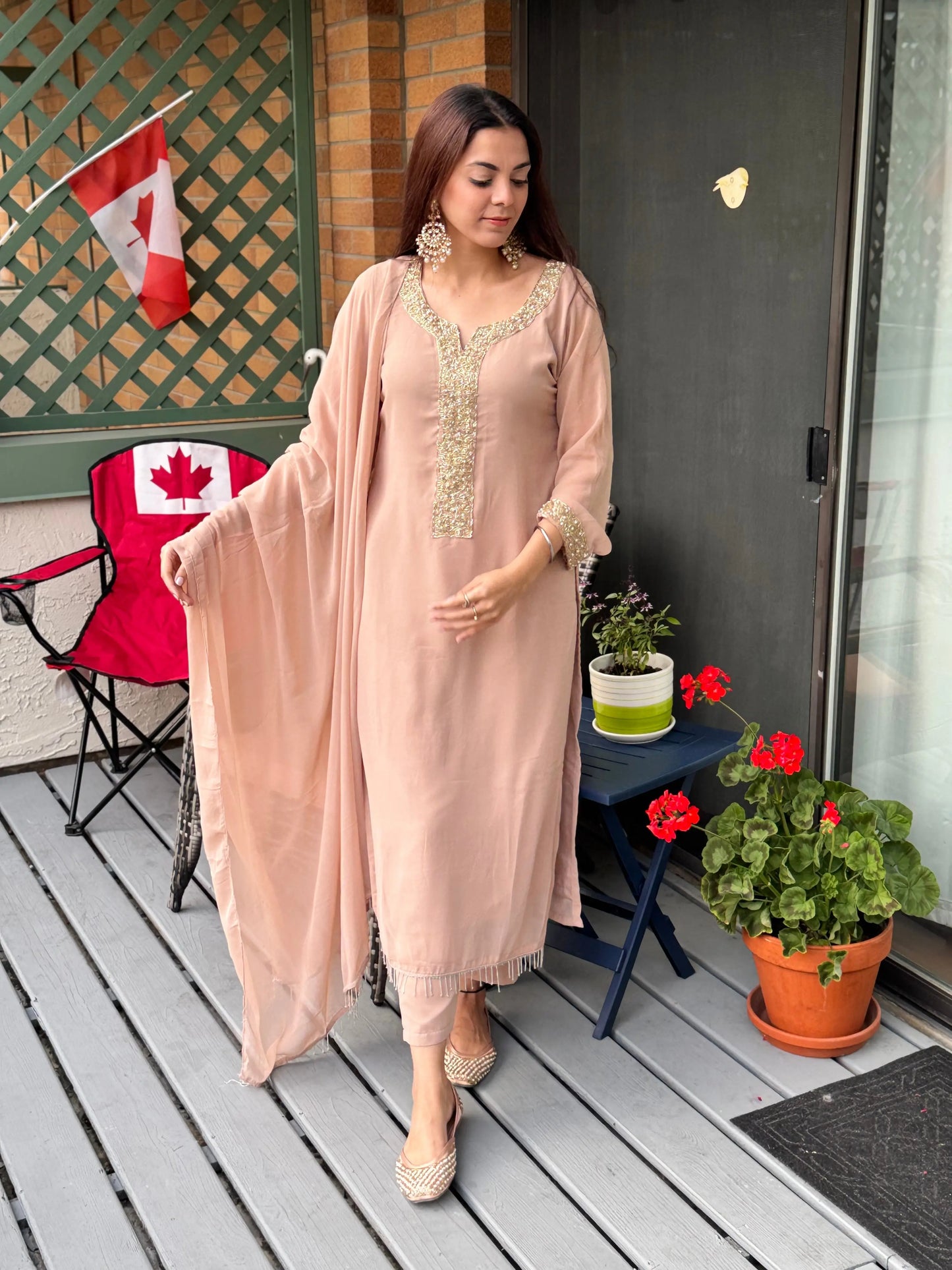 Faux Georgette Neckline Moti work Designer Kurti Pant Dupatta Set (Ready to Wear ) Ethenika.com