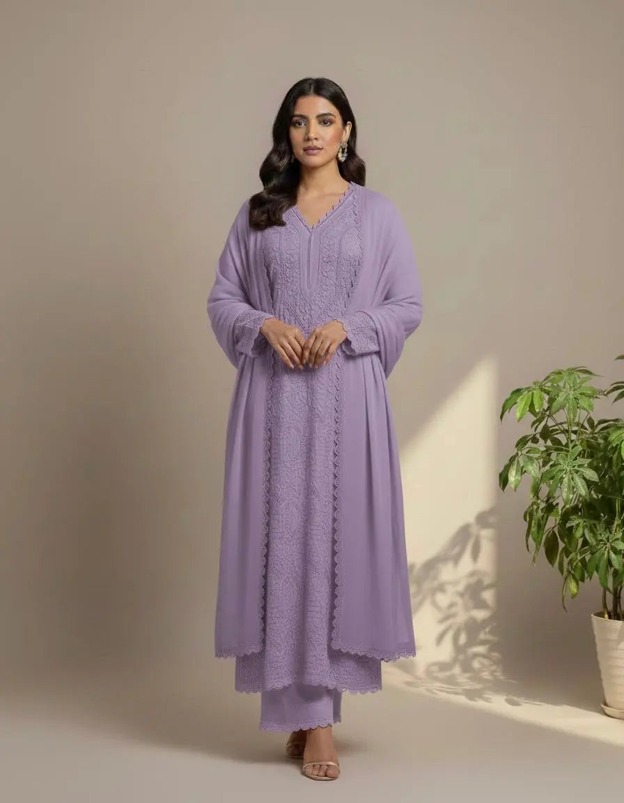 Faux Georgette Ready Wear Chikankari Kurti Pallazo Set Ethenika.com