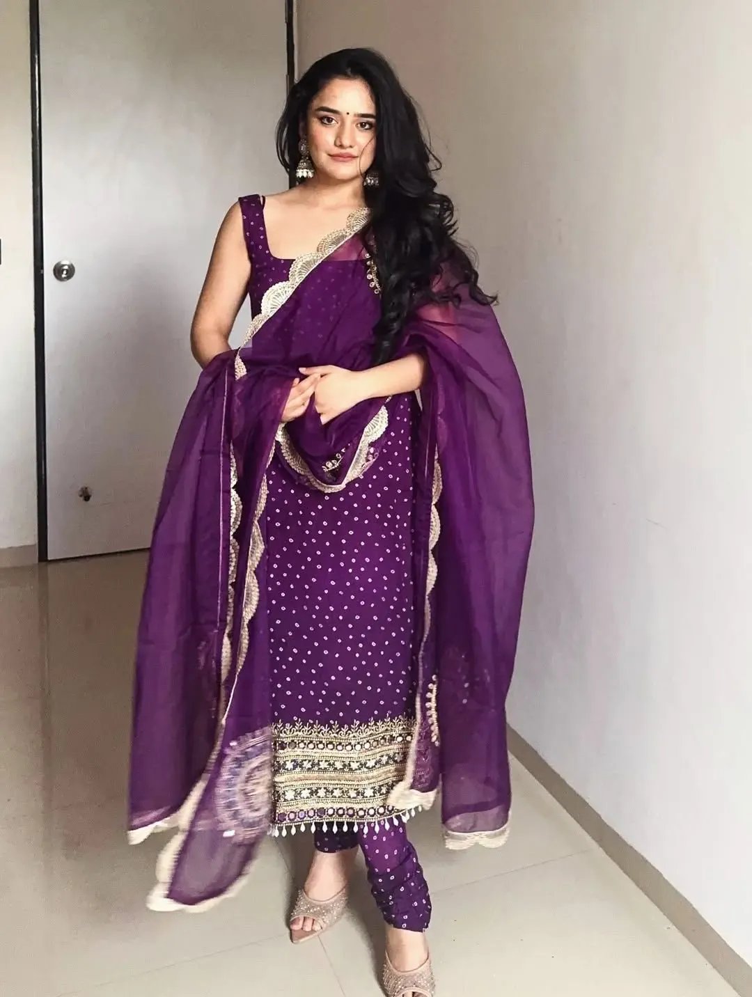 Faux Georgette Real Moti Mirror Work Bandhani Print Kurti Pant Dupatta Set (Ready to Wear) Ethenika.com