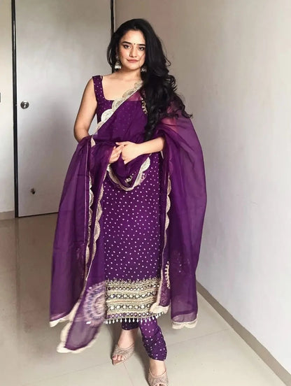 Faux Georgette Real Moti Mirror Work Bandhani Print Kurti Pant Dupatta Set (Ready to Wear) Ethenika.com