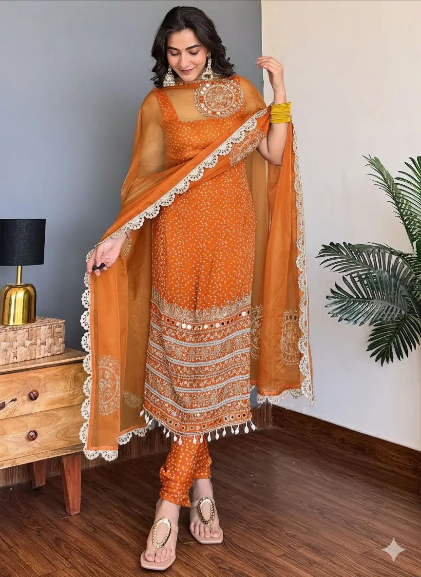 Faux Georgette Real Moti Mirror Work Bandhani Print Kurti Pant Dupatta Set (Ready to Wear) Ethenika.com