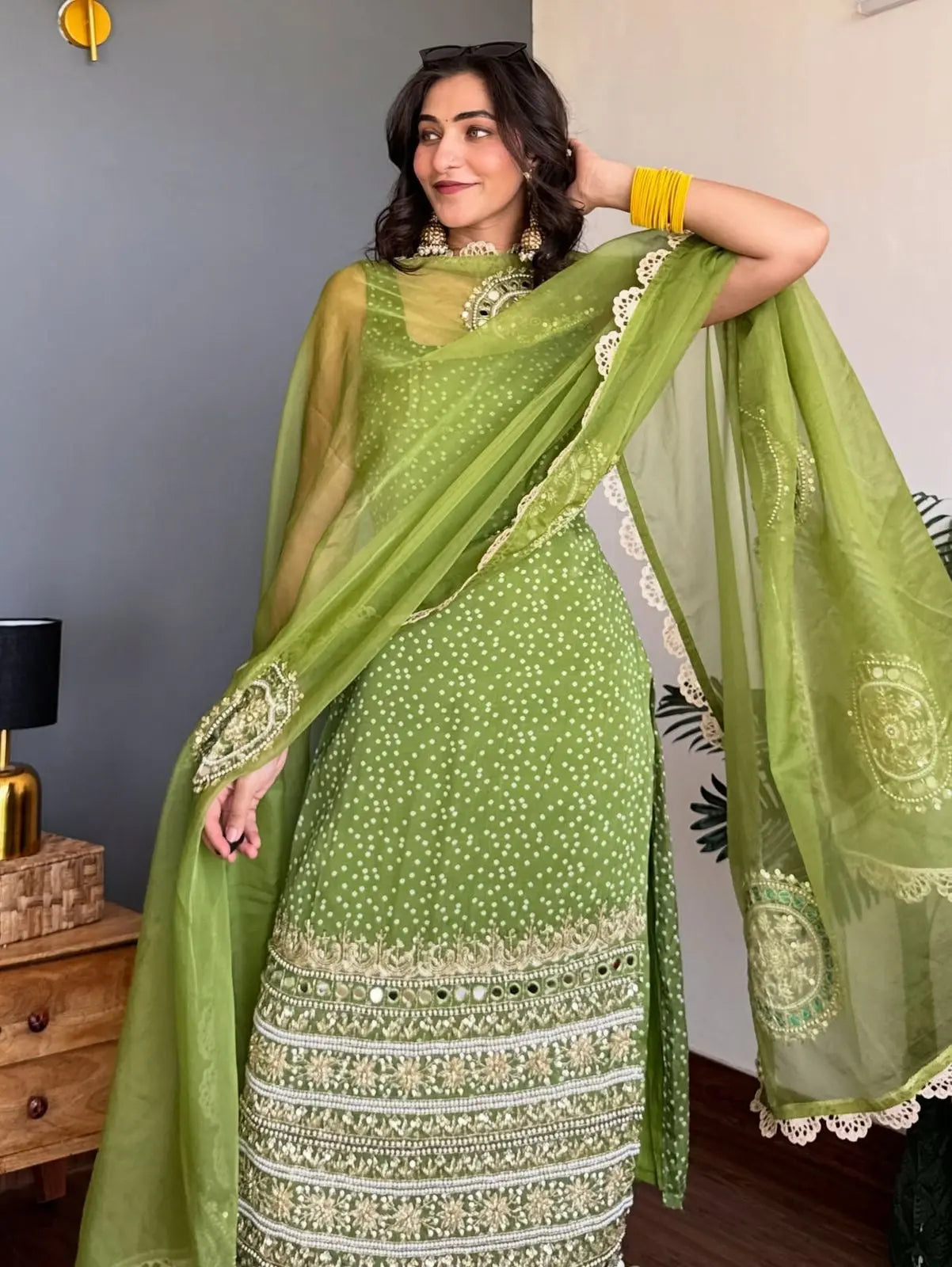 Faux Georgette Real Moti Mirror Work Bandhani Print Kurti Pant Dupatta Set (Ready to Wear) Ethenika.com