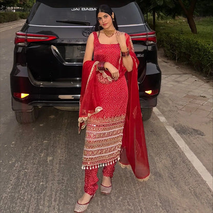 Faux Georgette Real Moti Mirror Work Bandhani Print Kurti Pant Dupatta Set (Ready to Wear) Ethenika.com