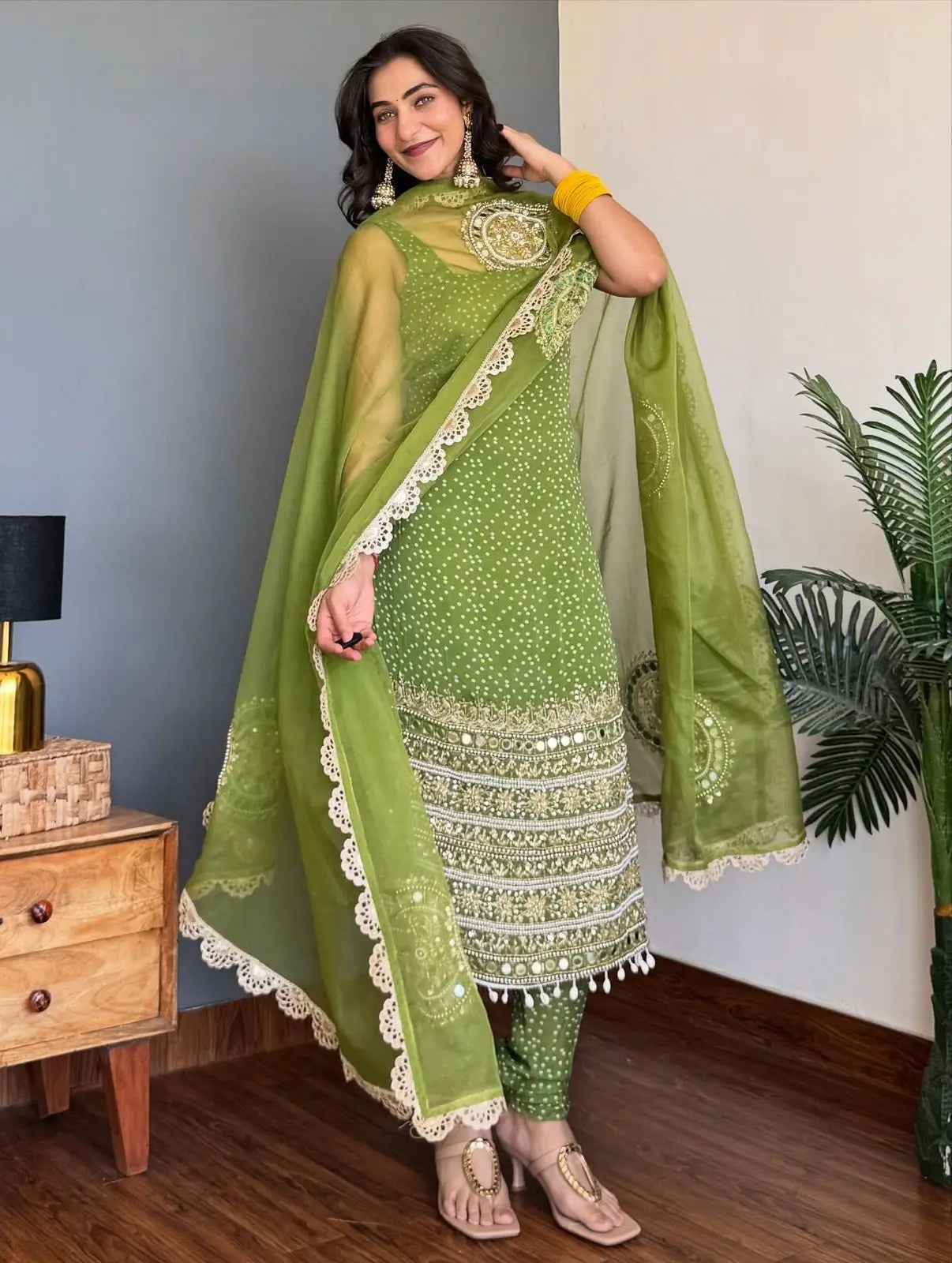 Faux Georgette Real Moti Mirror Work Bandhani Print Kurti Pant Dupatta Set (Ready to Wear) Ethenika.com